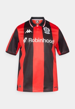 Rot-schwarzes gestreiftes Fußballtrikot mit Kragen, versehen mit Kappa-Logo, Robinhood-Branding und Vereinswappen auf der Brust.