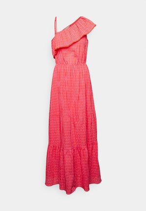 Robe longue rose à motif à carreaux, avec volants sur une épaule, taille cintrée et bas évasé. Confectionnée dans un tissu léger et respirant.