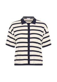 Cardigan a righe con maniche corte in crema e blu navy, dotato di colletto, bottoni frontali e una vestibilità ampia. Realizzato in un morbido tessuto testurizzato.