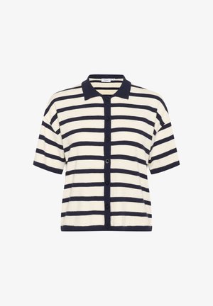 Pasiakowy kardigan z krótkim rękawem w kolorze kremowym i granatowym, z kołnierzykiem, guzikami z przodu i luźnym fasonem. Wykonany z miękkiej, teksturowanej tkaniny.