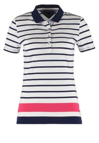 Vit kortärmad polo skjorta med marinblå och svarta vågräta ränder, marinblå krage, knappslå, samt en bred rosa rand nära fållen.