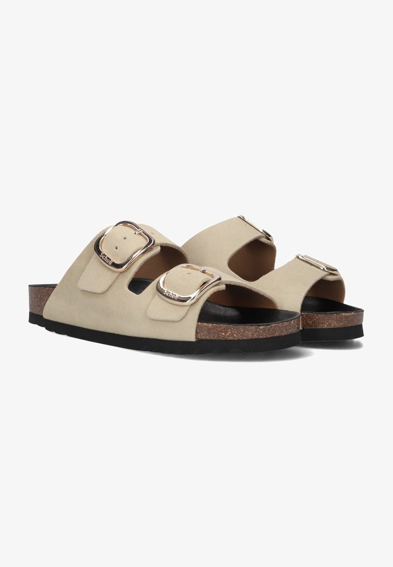 Beige leren sandalen van suede met twee verstelbare banden, zilveren gespen en een kurken voetbed. De zool is zwart met gestructureerde groeven voor grip.