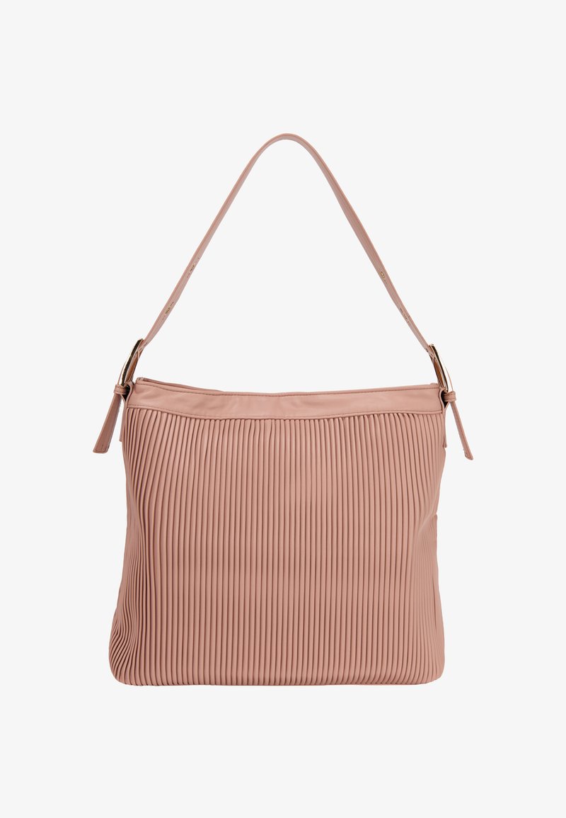 Pink plisseret håndtaske lavet af blødt materiale, med en enkelt rem og lynlåslukning foroven. Den teksturerede overflade tilføjer dybde.