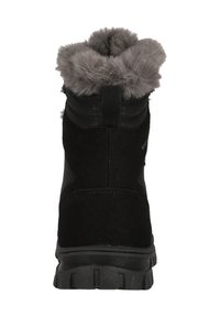 Svart vinterstövel med strukturerad yta, grå pälskrage, förstärkt bakdel och grovt mönstrad sula för bra grepp.