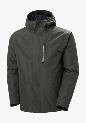 Tmavě zelená nepromokavá bunda s kapucí, předním zipem a kapsami. Má hladkou texturu a minimalistický design s detailem loga.