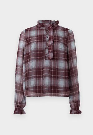 Blusa de cuadros en burdeos y azul claro de manga larga, con cuello alto con volantes, botonera en el frente y puños con volantes.