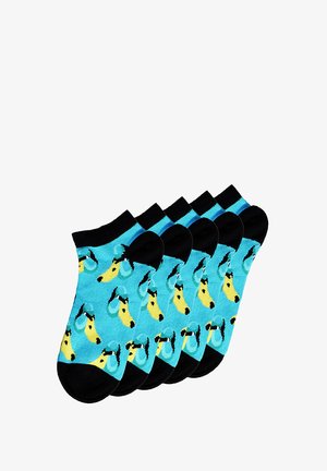 Cinq paires de chaussettes basses en tissu doux, avec un fond bleu clair orné de têtes de chien jaunes et d'accents noirs.
