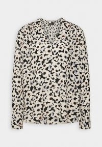 Langärmlige Bluse aus leichtem Stoff mit einem cremefarbenen Hintergrund und einem schwarzen sowie pastellfarbenen Leopardenmuster. V-Ausschnitt mit Knöpfen.