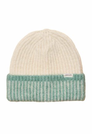 Cremefarbene, gerippte Strickmütze mit umgeschlagenem Bündchen in hellgrünen und weißen Streifen sowie einem kleinen Etikett mit der Aufschrift "Joules".