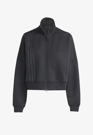 Cropped black zip-up sweatshirt made of soft fabric, featuring a high collar, ribbed cuffs, and three vertical stripes on one side.