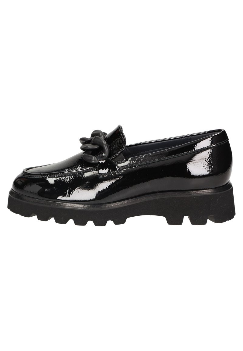 Black patent leather loafers with a chunky black sole, featuring a prominent decorative chain accent on the front.