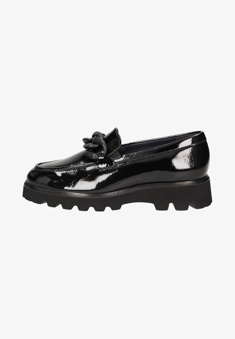 Black patent leather loafers with a chunky black sole, featuring a prominent decorative chain accent on the front.