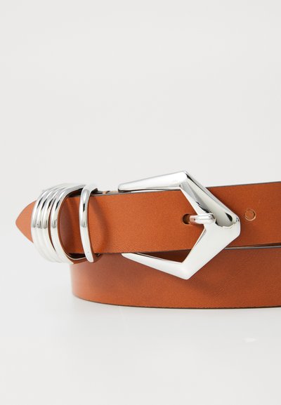 Brown leather belt with a distinctive silver angular buckle and three silver loops on a white background.
