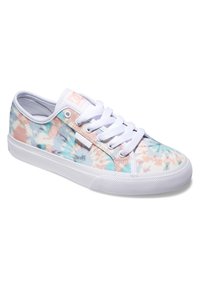 Canvas sneakers with a multicolored floral pattern featuring shades of blue and pink, white laces, and a textured rubber sole.