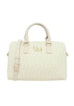 Borsa crema con doppi manici, tracolla regolabile, logo in tonalità oro e motivo a rilievo ripetuto su superficie liscia.