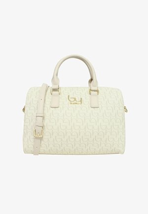 Borsa crema con doppi manici, tracolla regolabile, logo in tonalità oro e motivo a rilievo ripetuto su superficie liscia.