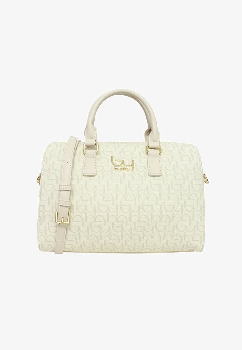 Borsa crema con doppi manici, tracolla regolabile, logo in tonalità oro e motivo a rilievo ripetuto su superficie liscia.