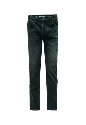 Jeans de mezclilla gris oscuro con corte recto, cinco bolsillos y ligeras decoloraciones. Presentan un cierre de botón y cinturas con pasadores.