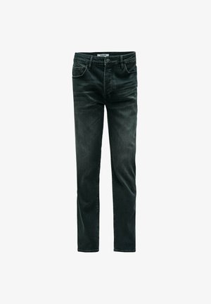 Donkergrijze denim jeans met een rechte pijp, vijf zakken en subtiele vervaging. Voorzien van een knoopsluiting en riemlussen op de tailleband.