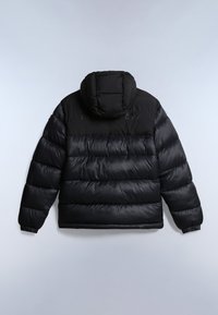 Sort pufferjakke med hætte, fremhævet af et quiltet design, elastiske manchetter og en glat overflade. Bagsiden er fremhævet af en mat finish.