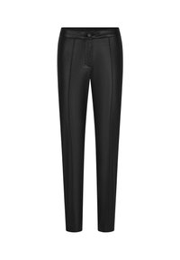 Schwarze, schlank geschnittene Hose aus glattem Stoff. Mit Knopfverschluss, seitlichen Taschen und Bügelfalten für einen maßgeschneiderten Look.