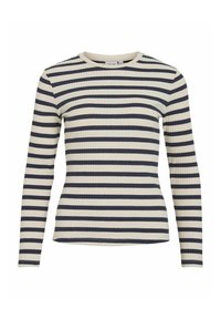 Ribbad långärmad topp i krämfärgade och marina ränder; rundad halsringning; figurnära silhuett; mjuk textur; ingen synlig hårdvara eller dekorationer.