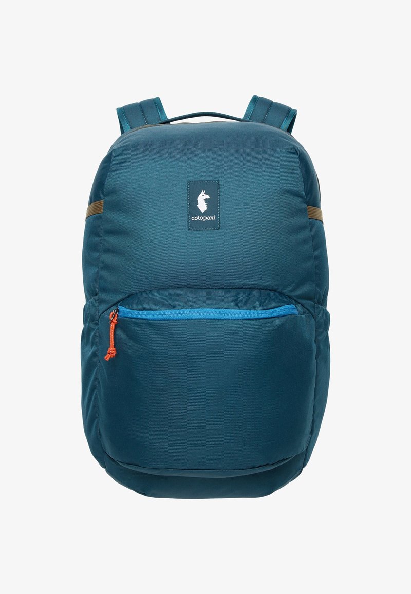 Teal backpack with a front zipper pocket, orange zipper pull, and brown accents. Textured fabric with a logo featuring a stylized animal.