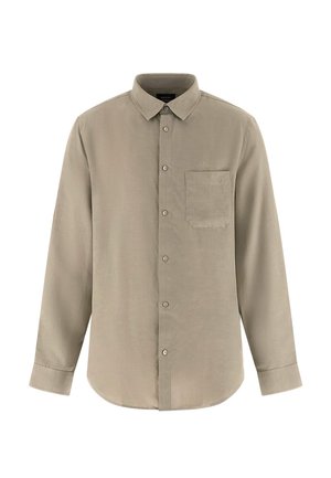 Beiges Langarm-Hemd mit Knöpfen, vorderer Brusttasche und klassischem Kragen, auf weißem Hintergrund dargestellt.
