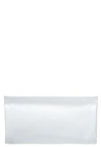 White leather clutch bag with a smooth texture, flat shape, and subtle embossed logo. Minimalist design with no visible hardware.