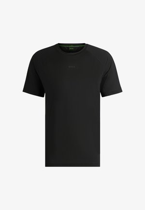 Zwarte T-shirt met korte mouwen, gemaakt van gladde stof. Heeft een ronde halslijn en een subtiel gedrukt logo in het midden. Strak, minimalistisch ontwerp.