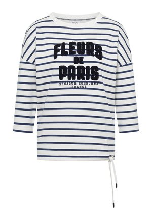 Weißes und marineblau gestreiftes Langarmshirt mit dem Text "Fleurs de Paris Bonjour Sorbonne France" und Kordelzug-Detail am Saum.