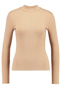 Maglia a maniche lunghe a coste in beige, contraddistinta da un design con collo alto. Tessuto morbido con una silhouette aderente e sottili righe verticali.