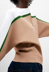 Maglione marrone e bianco con dettagli verdi, caratterizzato da una vestibilità rilassata, maniche ampie e una discreta cerniera al collo. Tessuto a maglia testurizzato.