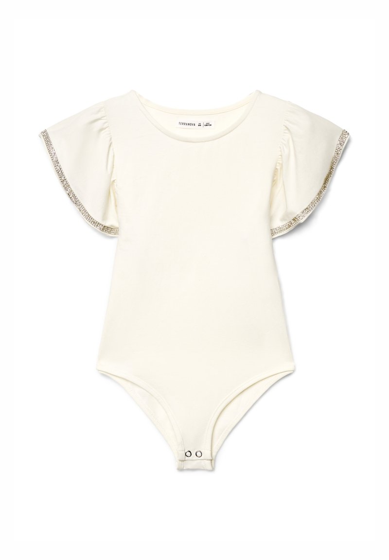 Body color crema con maniche a sbuffo, rifiniture metalliche lungo i bordi delle maniche, tessuto in cotone, chiusura a scatto sul fondo, scollo tondo.