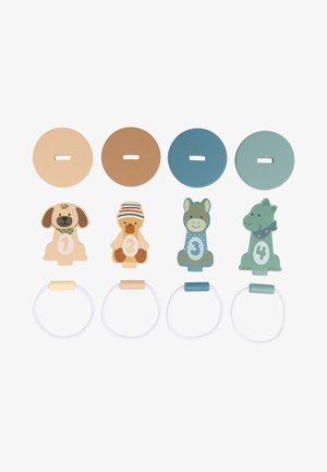 Colorful animal-shaped toys with numbers, made of plastic. Includes circular discs in various colors and white elastic loops for attachment.