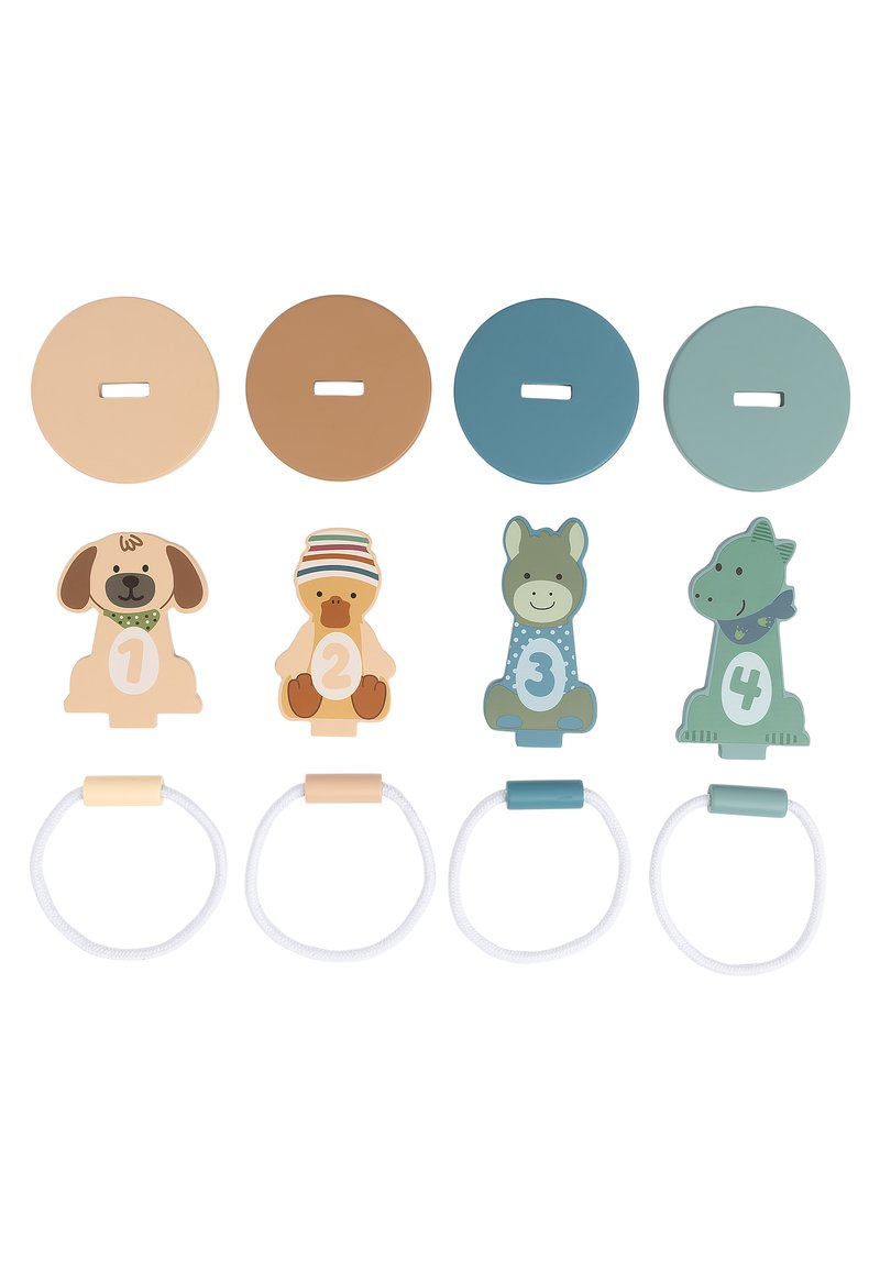 Colorful animal-shaped toys with numbers, made of plastic. Includes circular discs in various colors and white elastic loops for attachment.