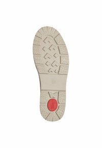 Semelle de chaussure en caoutchouc blanc avec un motif texturé de formes en losange, un accent circulaire rouge et un marquage de taille de 37 au centre.