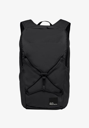 Zaino nero realizzato in materiale resistente, con superficie testurizzata, tasca frontale con zip, spallacci regolabili e design con cordino elastico.