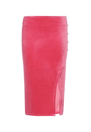 Roze fluwelen pijlrok met een zijsplit en decoratieve knopen aan de linkerkant. Glad textuur en aansluitend ontwerp voor een elegante silhouette.