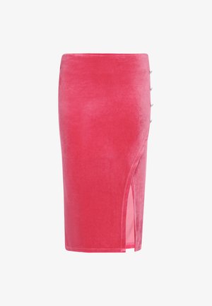 Rosa fløjl blyantskirt med en sidesplit og dekorationknapper på venstre side. Glat tekstur og figursyet design for en elegant silhuet.