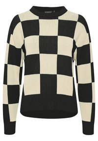 Schwarz-weiß kariertes Strickpullover mit langen Ärmeln und rundem Halsauschnitt, ausgestattet mit einem gerippten Saum und lockerer Passform.