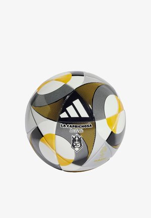 Adidas Nachbildung Mini-Fußball mit einem Design in Weiß, Schwarz und Gelb, das geschwungene Linien und ein Logo-Element aufweist. Glatte, runde Form.