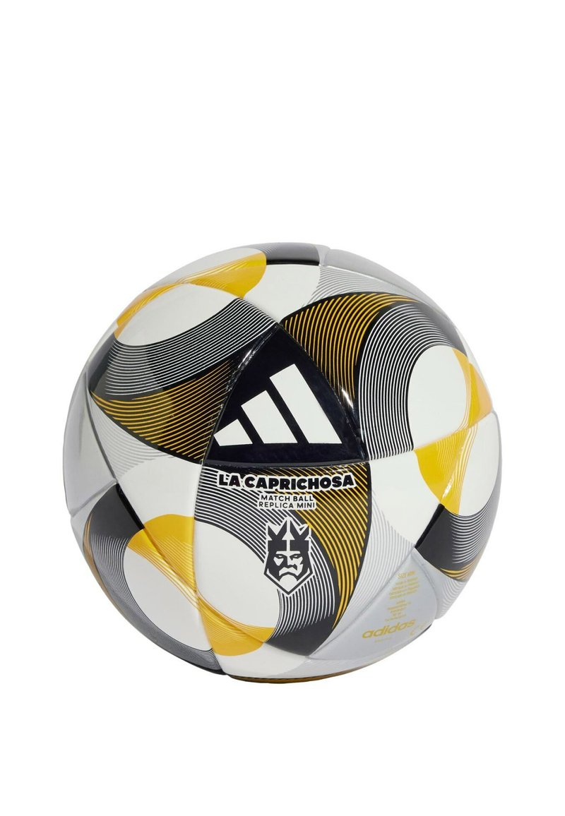 Adidas replika mini nogometna lopta s bijelo-crno-žutom bojom s zakrivljenim linijama i akcentom loga. Glatkog, okruglog oblika.