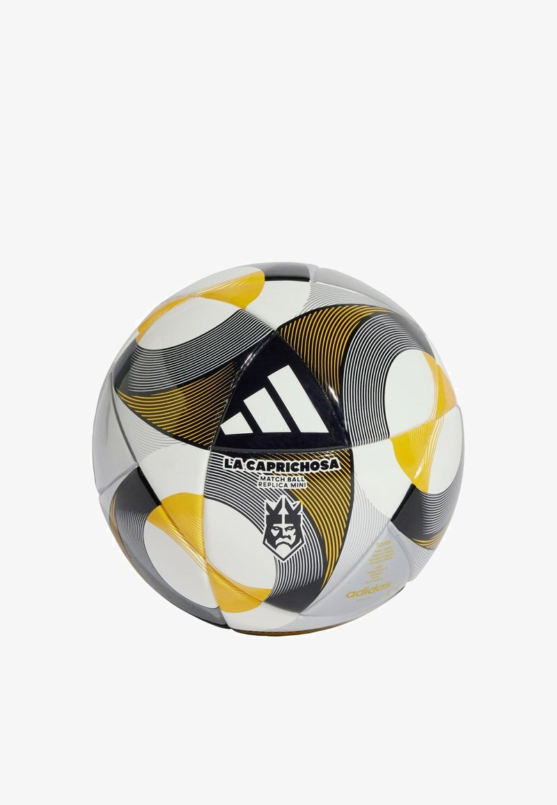 Mini fotbal Adidas repliky s bílým, černým a žlutým designem obsahující zakřivené linie a akcent loga. Hladký, kulatý tvar.