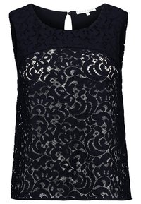 Navy blue sleeveless top featuring lace overlay with floral patterns and a keyhole back detail. Smooth interior lining for comfort.