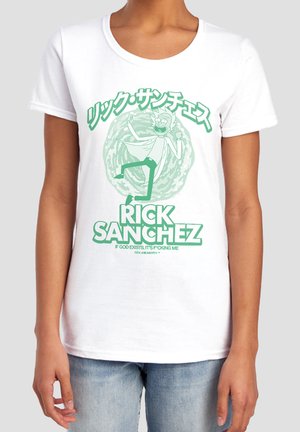 White T-shirt with green graphic of Rick Sanchez from Rick and Morty and text in Japanese and English beneath.