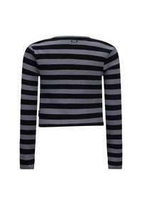 Schwarz-grau gestreiftes Langarmoberteil mit geripptem Material und gekürztem Design, mit einem runden Halsausschnitt und einem Etikett auf der Rückseite.