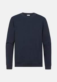 Marineblauwe crewneck sweatshirt met lange mouwen, ribgebreide manchetten en zoom op een effen lichte achtergrond.