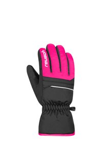 Svarte og pink handsker med en tekstureret finish; justerbar manchette; præsenterer brandnavnet "Reusch" tydeligt på bagsiden i hvid.