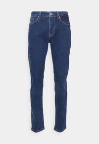 Dark blue denim jeans with a straight leg design, featuring five pockets and a button closure. Texture is smooth with slight stretch.